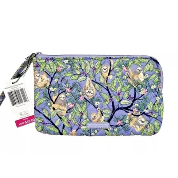 Vera Bradley RFID All Day Simple Wristlet Hanging Around Purple Sloths nwt - Picture 1 of 3